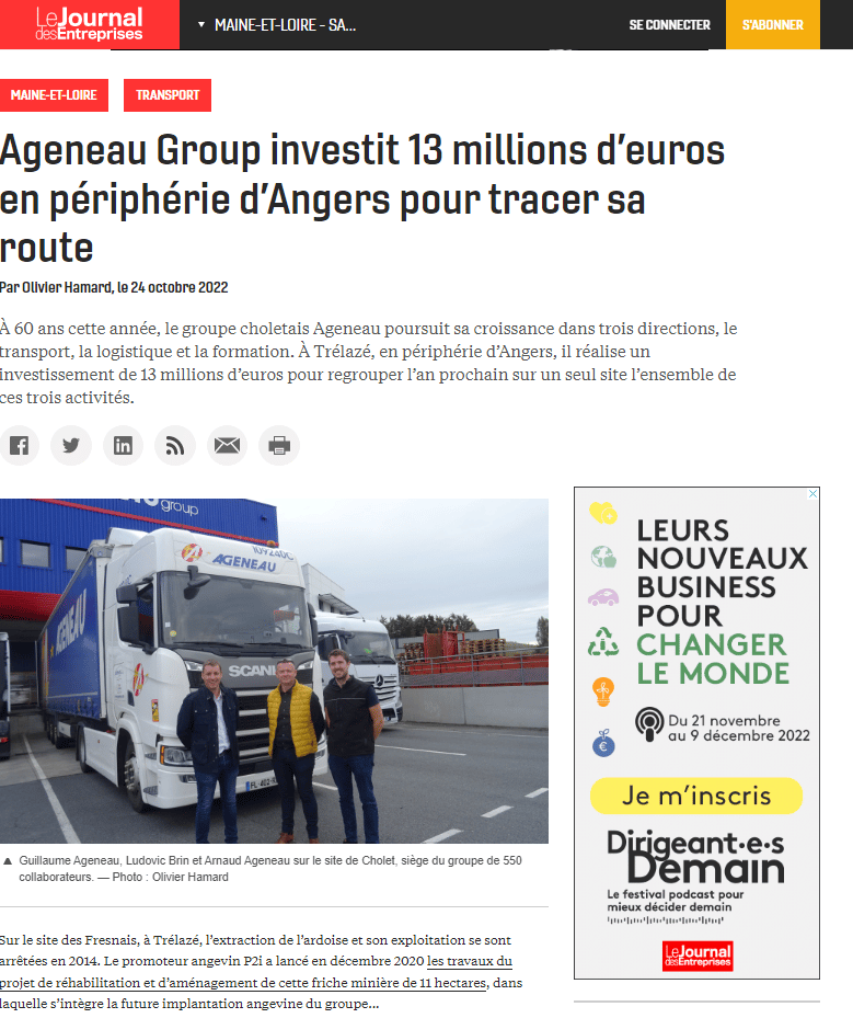 AGENEAU Group investit 13 millions d’euros en périphérie d’Angers pour tracer sa route