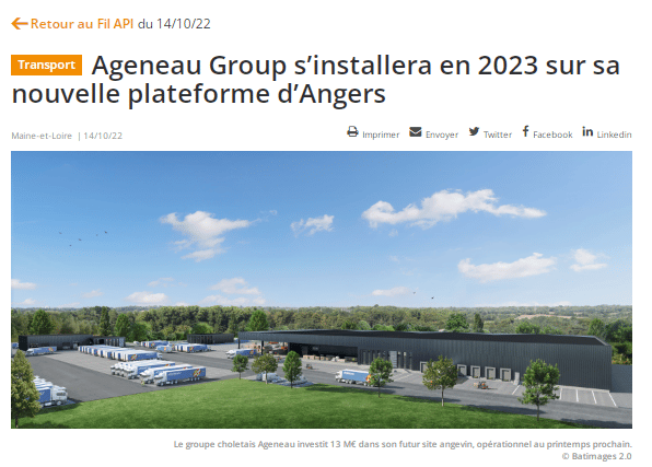 Ageneau Group s’installera en 2023 sur sa nouvelle plateforme d’Angers