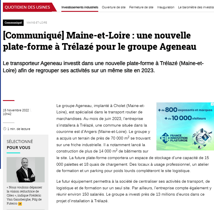 Maine-et-Loire: une nouvelle plate-forme à Trélazé pour le groupe Ageneu